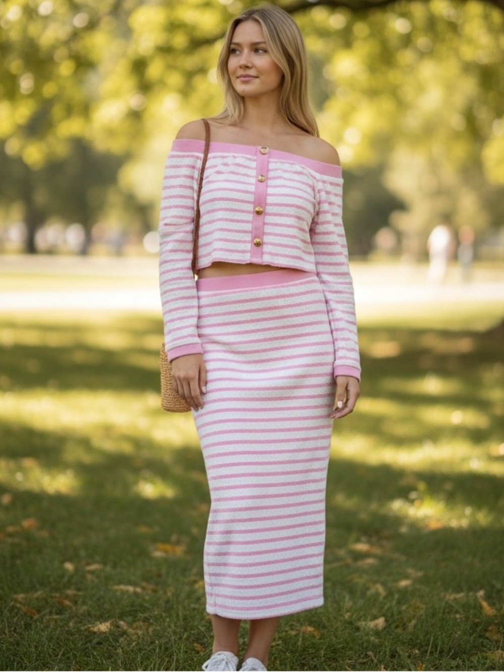 Pink & White Striped Button-Front Cropped TOP + MAXI SKIRT SET